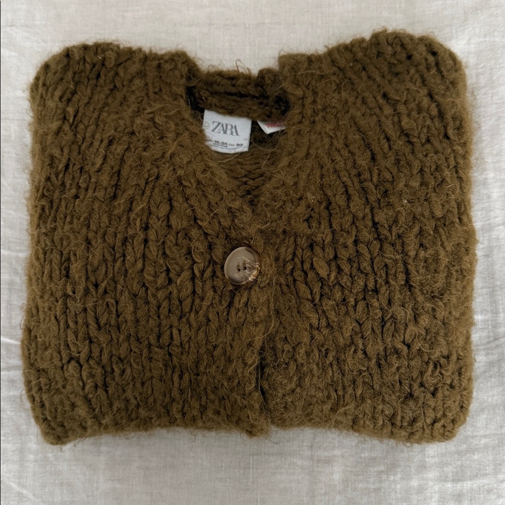 ZARA Olive Green-Brown Chunky Knit V-Neck Cardigan
